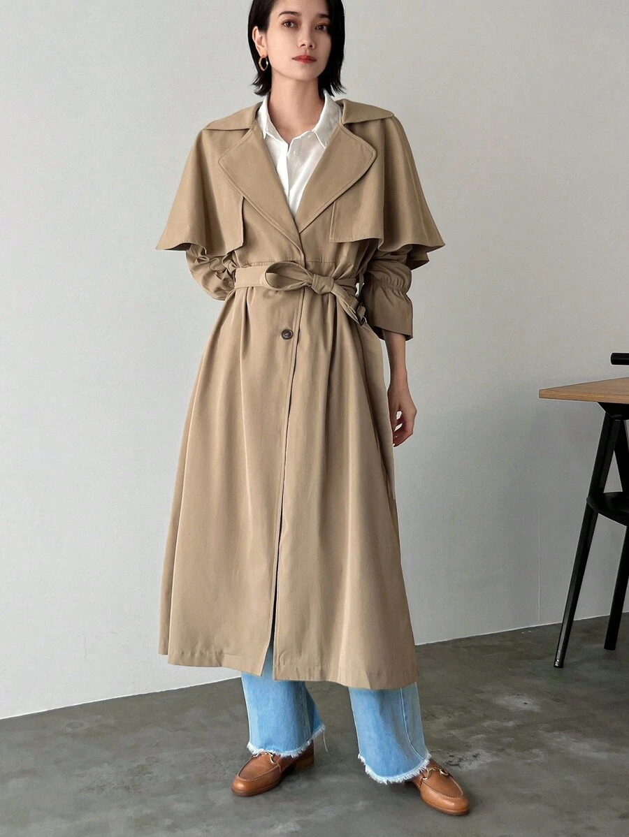 FRIFUL Áo khoác dài trơn màu thường ngày cho nữ, Áo khoác nữ mùa thu - Màu Khaki - Xem 1