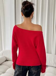 SHEIN SXY Women's Solid Asymmetrical Neckline Casual Long Sleeve Red Sweater Casual Party Elegant Home Sexy Autumn Winter Leisure Christmas Halloween New Year Asymmetrical Top - Red - View 2