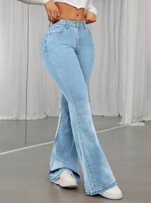 SHEIN ICON Women's Fashionable Solid Blue Denim Flared Pants