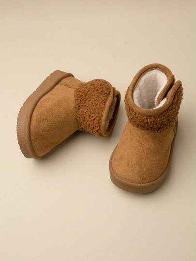 1 Pair Girls' Camel Color Hook And Loop Flat Casual Comfortable Plush Snow Boots, Suitable For Winter