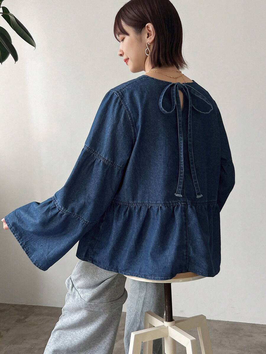 FRIFUL 女式纯色荷叶边下摆圆领牛仔褶裥衬衫、返校服、牛仔夹克、秋季女装 - 藍色 - 查看 1