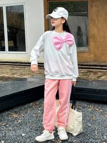 SHEIN Tween Girl' Casual Cute Loose Bow Decor Long Sleeve Sweatshirt - White - View 4