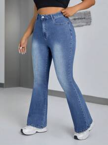 SHEIN ICON Plus Size Casual Washed Slim Flared Jeans - Medium Wash - View 4