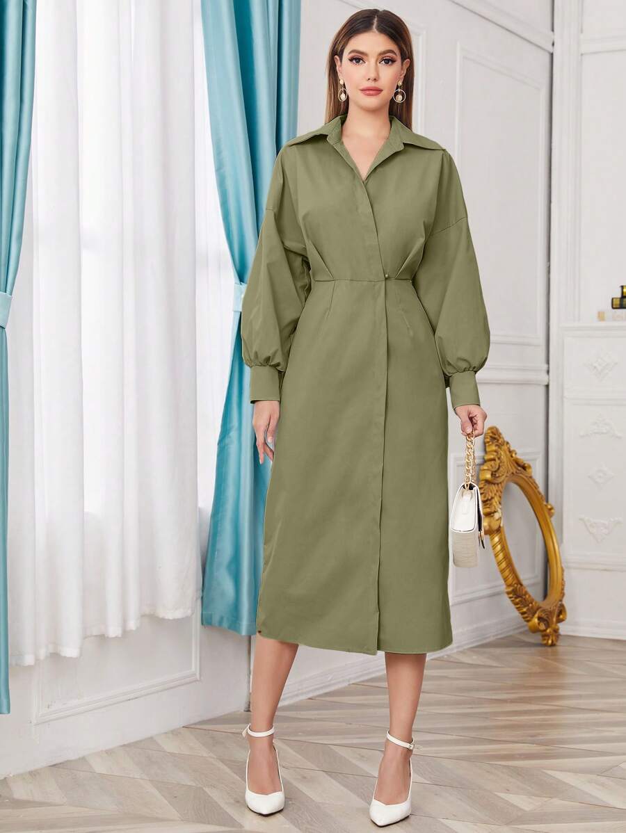 Modelyn 纯色前扣长袖休闲连衣裙长款晚礼服 - 橄欖綠 - 查看 1
