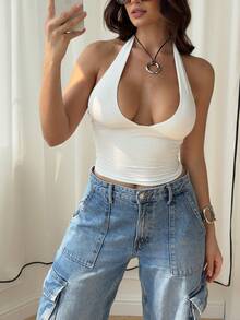 Mystra 露背挂脖纯色无袖上衣 - 白色 - 查看 7