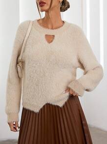 GENKIRA Suéter de tejido suelto y suave con diseño calado, jersey de punto para otoño e invierno - Caqui - Ver 6