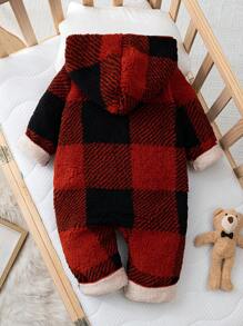 SHEIN Bộ đồ liền thân có mũ trùm đầu bằng lông cừu ấm áp cho bé trai và bé gái sơ sinh - Đỏ - Xem 5