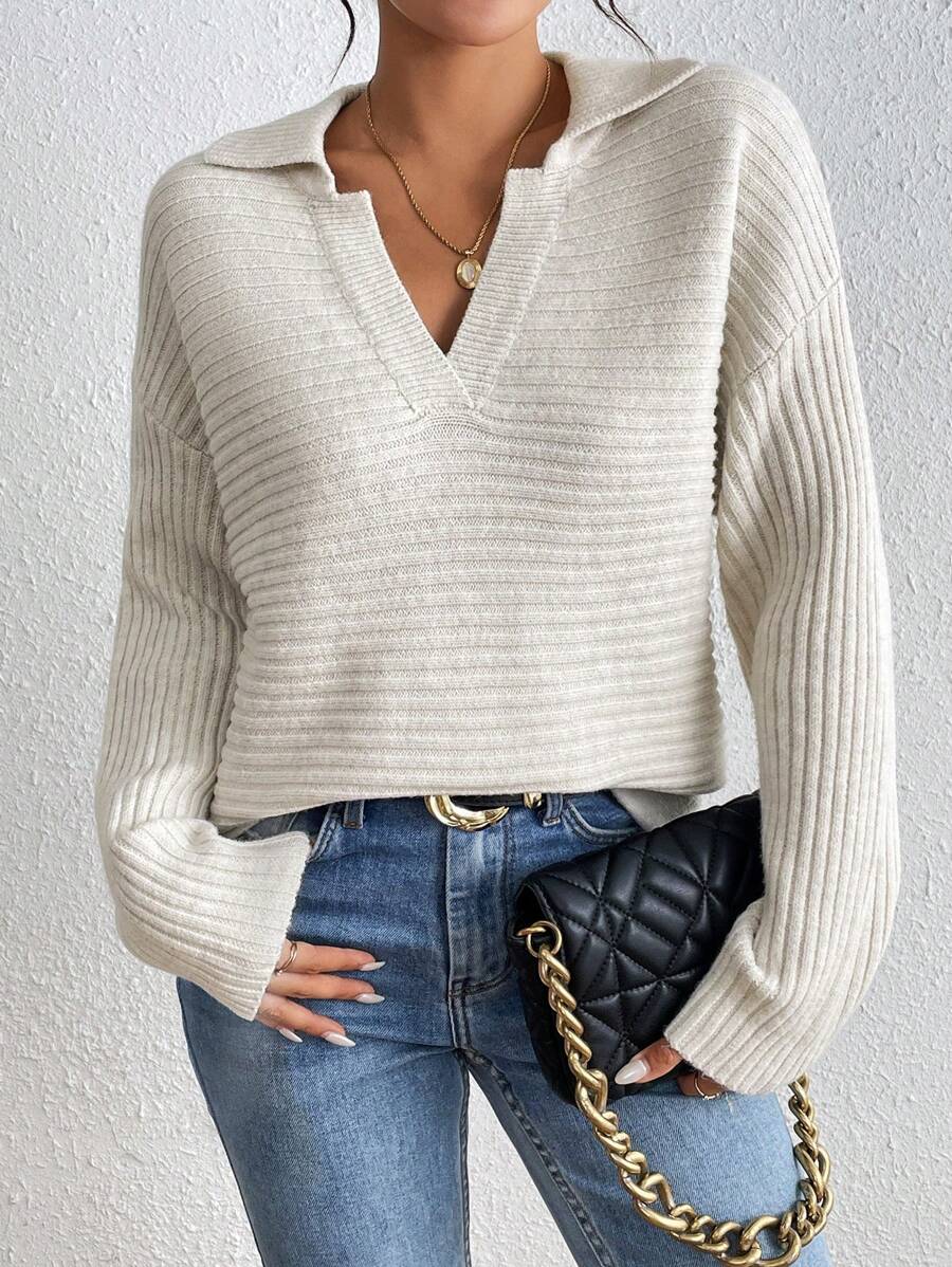 Chiquease 女士法式宽松领针织套头毛衣，秋冬款 - 杏色 - 查看 1