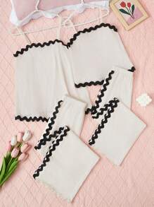 SHEIN 女士新款簡約時尚背心上衣配鬆身褲家居套裝 2件裝 - 杏色 - 查看 1