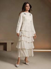 Anewsta Áo len cổ lọ đính hoa đôi thanh lịch dành cho nữ - trắng - Xem 3