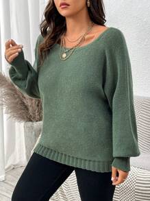 Calvaya Plus Size Spring/Autumn New Arrival Popular Casual Off Shoulder Green Batwing Sleeve Fitted Pullover Sweater - Green - View 4