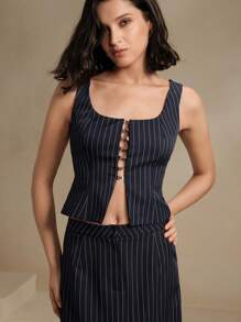 Anewsta 2pcs Set Of 2024 Spring Summer New Style Spaghetti Strap Cardigan, Stripe Pattern Vest And Skirt