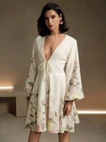 Anewsta Floral Print Long Sleeve Linen-Like Dress, Spring Summer