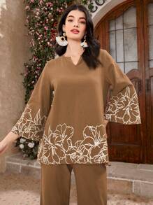 Mulvari Bộ 2 chiếc áo và quần cổ chữ V thêu hoa bất đối xứng thanh lịch dành cho nữ - Cà phê nâu - Xem 4