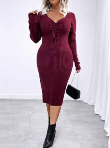 SHEIN Clasi 大码女式纯色 V 领抽绳褶皱侧开衩修身超长长袖毛衣裙，优雅浪漫，酒红色，秋冬，冬季 - 酒紅色 - 查看 4