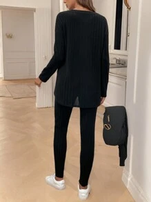 SHEIN Frenchy Phong cách trang phục thường ngày Áo thun trễ vai và quần legging - màu đen - Xem 2