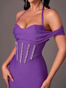 SHEIN Belle Elegant Purple Off Shoulder Bodycon Dress With Rhinestone Pearl Chain, Suitable For Wedding, Party, Graduation - Bodycon Design - Purple - View 1