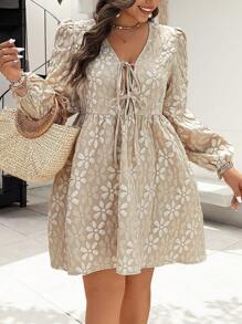 Flirla Plus Size Floral Jacquard Puff Sleeve Casual Vacation Dress