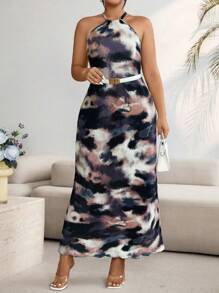 Celure Plus Size Tie-Dye Sleeveless Dress, Casual Everyday Wear - Black - View 6