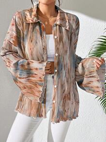 Frievida Raffinéa 女士春夏时尚假日通勤随机花卉印花喇叭袖衬衫，长袖上衣 - 卡其色 - 查看 6