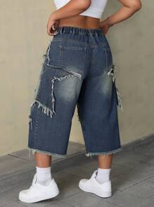 SHEIN ICON Plus Size Button, Belt Loop, Frayed Edge, Star Pattern Design Boyfriend Jeans - Blue - View 2
