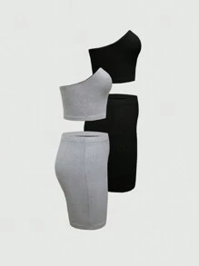 SHEIN Unity Conjunto de 2 Peças com Top Cropped Tubular e Saia Lápis Ajustada Feminina em Cor Sólida