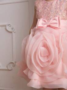 SHEIN Glamorique Kids Girls Princess Sequined Floral Midi Dress For Christmas Party, Wedding And Special Occasion