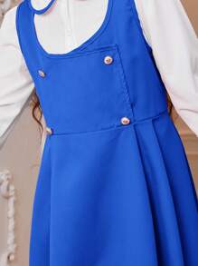 SHEIN WESTFADE Young 2pcs Tween Girls' Round Neck Shirt & Double Button Strap Dress Two-Piece Set,  College Style