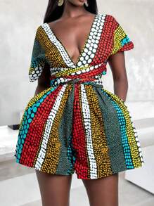 Women's Tropical Print Short Sleeve V-Neck Jumpsuit, Vacation Style - Multicolor - View 1