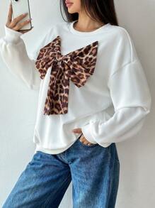 Chiquease Sudadera con cuello redondo, manga larga, decoración de lazo, estampado de leopardo, casual diaria para mujeres