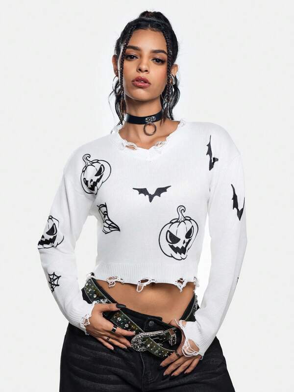Sonchs Curiosities Artist Dark Halloween Pumpkin, Bat & Spider Pattern Distressed Cropped Drop Shoulder Sweater, Women Sweater, For Holiday, Vacation, Festival, Ibiza Fits