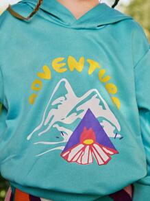 SHEIN Hanorac cu glugă cu model de munte în aer liber, potrivit pentru ieșiri, camping și fotografie de oraș