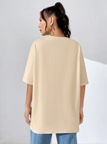 SHEIN EZwear تيشرت قصير الأكمام بياقة مستديرة مع طباعة إنجليزية كبيرة ، تيشرت مريح فضفاض مناسب للنساء للصيف - لون مشمشي - مشاهدة 4