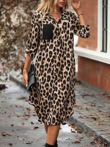 Plus Size Women Loose Leopard Print Shirt Collar Long Sleeve Dress, Casual Comfortable Vacation Style, Fashionable Romantic Elegant Autumn Dress, Suitable For Valentine's Day, New Year - Multicolor - View 4