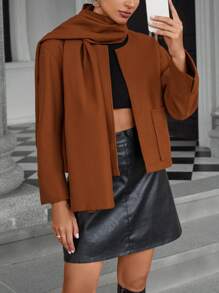 SHEIN Privé Damen Old Money Stil Herbst&Winter Jacke mit abnehmbarem Schal, Wollcardigan mit langen Ärmeln, Wintermantel