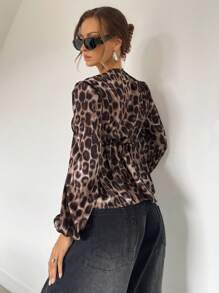 SHEIN Essnce Women's Leopard Print Satin Tie Collar Long Sleeve Shirt, Casual Vacation,Leopard Costume
