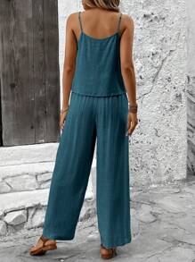 SHEIN LUNE 2 件套女士夏季亚麻皱褶吊带背心和裤子休闲套装 - 藍色 - 查看 2