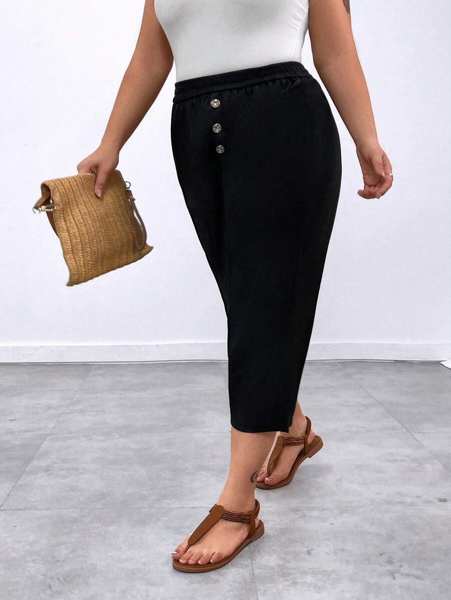 SHEIN LUNE Schmale Lässig Streetwear Mode Hose mit Knopfverschluss in Große Größen, 7/8 Länge - Schwarz - Übersicht 1