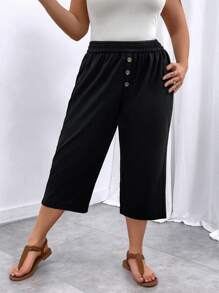 SHEIN LUNE Schmale Lässig Streetwear Mode Hose mit Knopfverschluss in Große Größen, 7/8 Länge - Schwarz - Übersicht 4