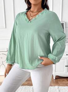 SHEIN Unity 大码女式休闲纯色长袖衬衫 - 綠色 - 查看 3