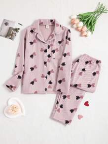 2pcs/Set Tween Girl Loose Fit Heart Print Sweatshirt & Pants Casual Homewear Outfit - Pink - View 1