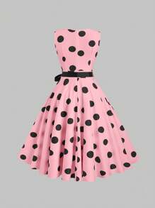 Sweetra Elegant Polka Dot Print Sleeveless Swing Dress, Summer Maxi Women Outfit - Baby Pink - View 2