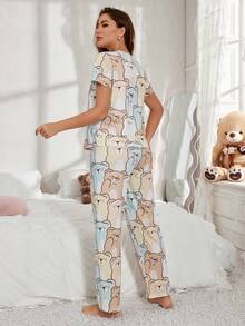 Conjunto de pijama de manga corta con estampado de oso de peluche lindo para mujer - Multicolor - Ver 4