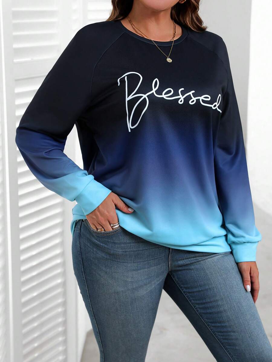 EMERY ROSE Felpa casual con scollo a girocollo e maniche lunghe con stampa di lettere in sfumatura blu per donne taglie forti, abbigliamento autunnale - Blu - Visualizzare 1