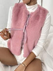 SHEIN Essnce Áo khoác lông không tay buộc trước màu trơn cho nữ, mùa thu và đông - Bụi hồng - Xem 8
