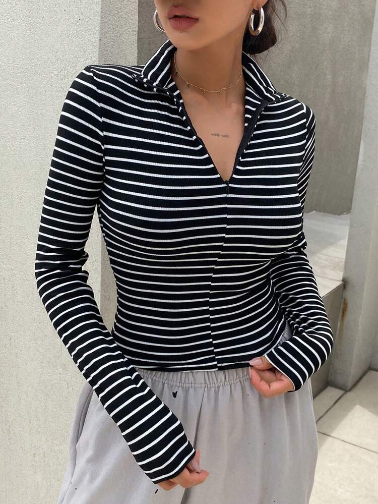 Women's V-Neck Long Sleeve Striped Design Fitted Street Style T-Shirt, Casual Tee