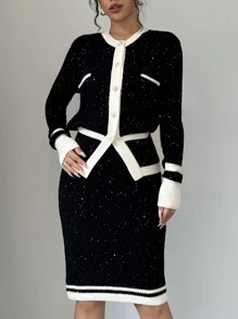 Elenzga 2pcs Women's Elegant Contrast Color Trim Asymmetric Hem Long Sleeve Blouse And Skirt Sweater Set - Black - View 6