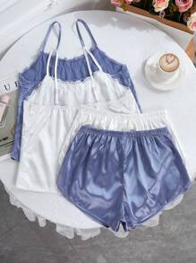4 件套纯色缎面吊带背心和短裤睡衣套装 - 彩色 - 查看 2