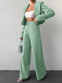 EURMUSE Solid Lapel Neck Blazer & Wide Leg Pants - Green - View 1