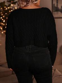 SHEIN LUNE Plus Size Solid Color Casual Long Sleeve Knit Cardigan, For Winter Fall Cloth For Women - Black - View 2